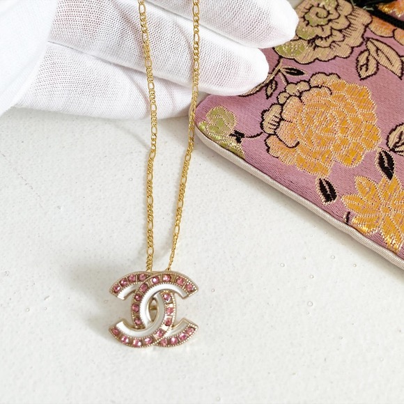 CHANEL Jewelry - Upcycled CHANEL Pendant Charm Button Necklace Pink Stones